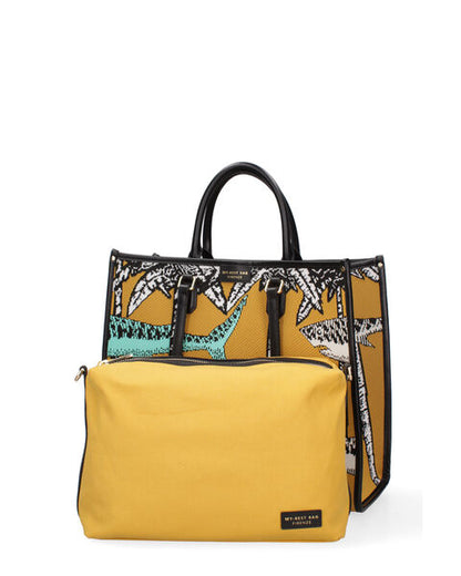 Mustard Graphic Tote with Shark Pattern