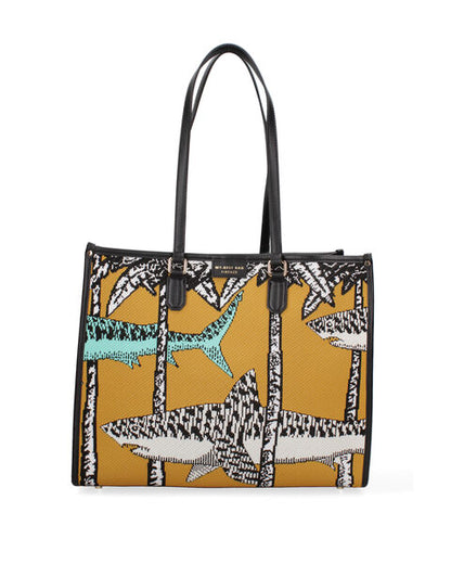 Mustard Graphic Tote with Shark Pattern