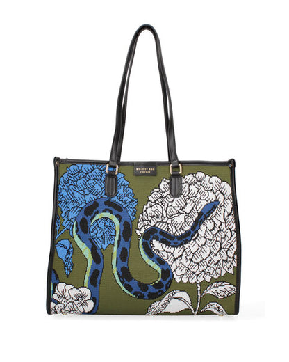 Multicolor Canvas Tote Bag with Snake and Floral Design