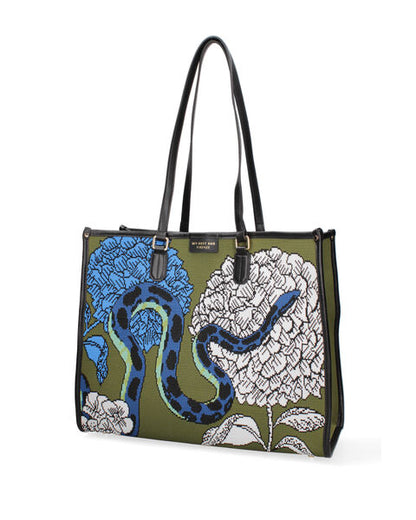Multicolor Canvas Tote Bag with Snake and Floral Design