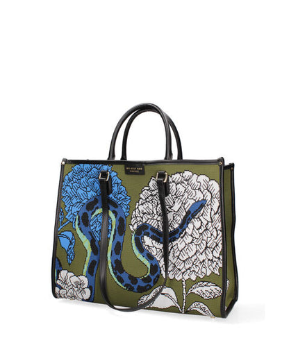 Multicolor Canvas Tote Bag with Snake and Floral Design