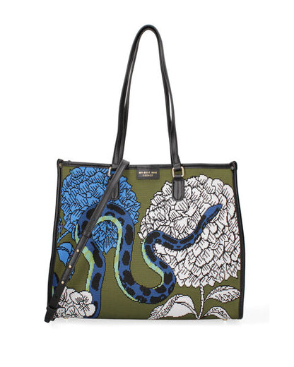 Multicolor Canvas Tote Bag with Snake and Floral Design