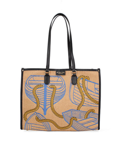 Tan Canvas Tote with Nautical Print and Long Handles
