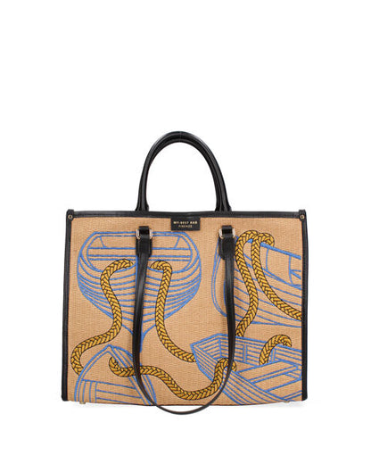 Tan Canvas Tote with Nautical Print and Long Handles