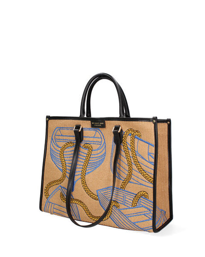 Tan Canvas Tote with Nautical Print and Long Handles