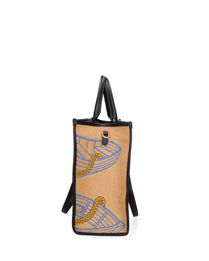 Tan Canvas Tote with Nautical Print and Long Handles