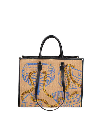 Tan Canvas Tote with Nautical Print and Long Handles