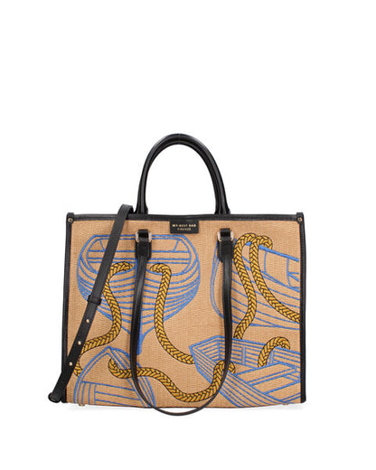 Tan Canvas Tote with Nautical Print and Long Handles
