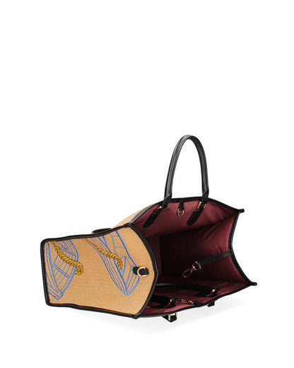 Tan Canvas Tote with Nautical Print and Long Handles