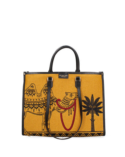 Yellow Woven Tote Bag with Camel Design