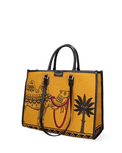 Yellow Woven Tote Bag with Camel Design