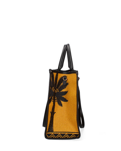 Yellow Woven Tote Bag with Camel Design