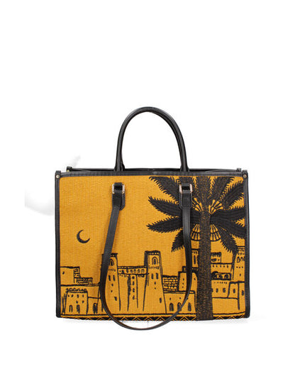 Yellow Woven Tote Bag with Camel Design