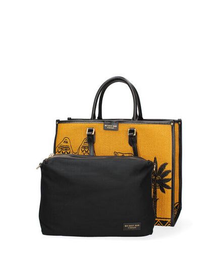 Yellow Woven Tote Bag with Camel Design