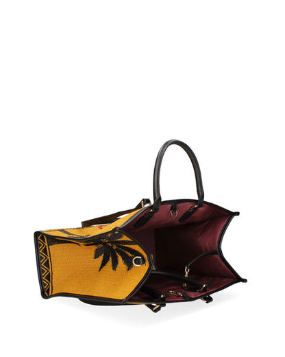 Yellow Woven Tote Bag with Camel Design