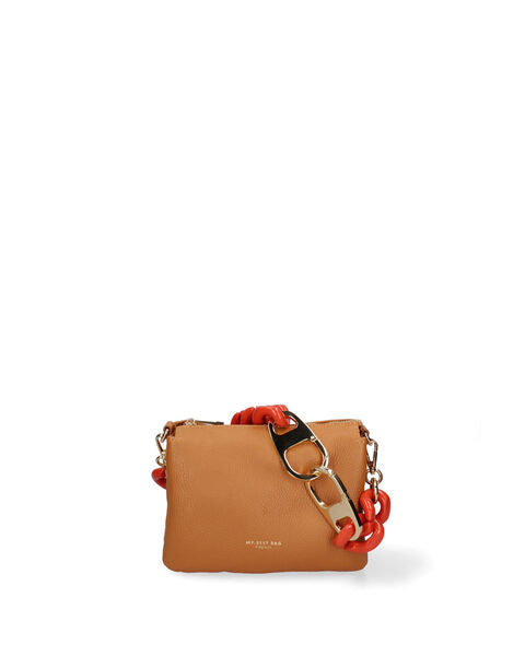 Tan Leather Crossbody Bag with Bold Chain Strap