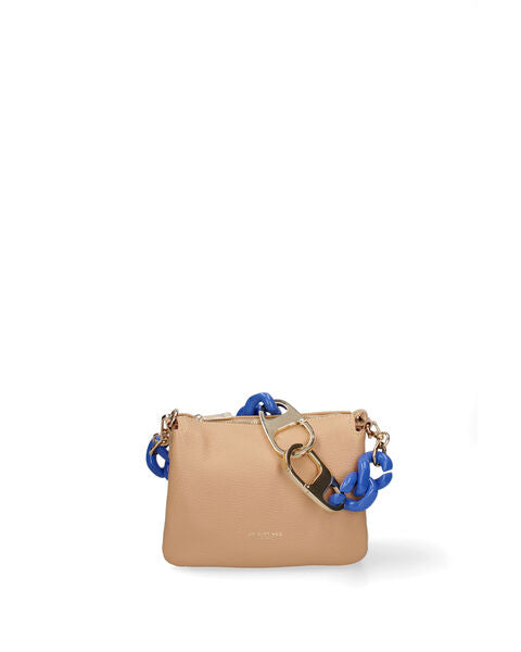 Beige Textured Crossbody Bag with Blue Chain Detail