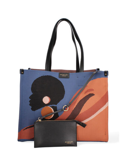Abstract Canvas Tote with Leather Handles