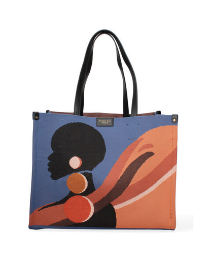 Abstract Canvas Tote with Leather Handles