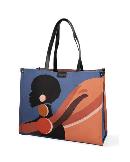Abstract Canvas Tote with Leather Handles