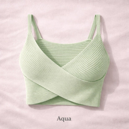 Mint Ribbed Knit Crossover Crop Top
