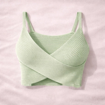 Mint Ribbed Knit Crossover Crop Top