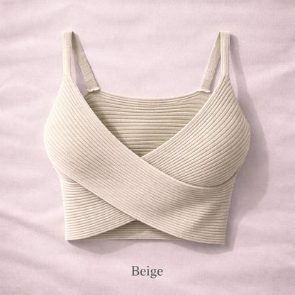 Beige Ribbed Crop Top with Crisscross Design