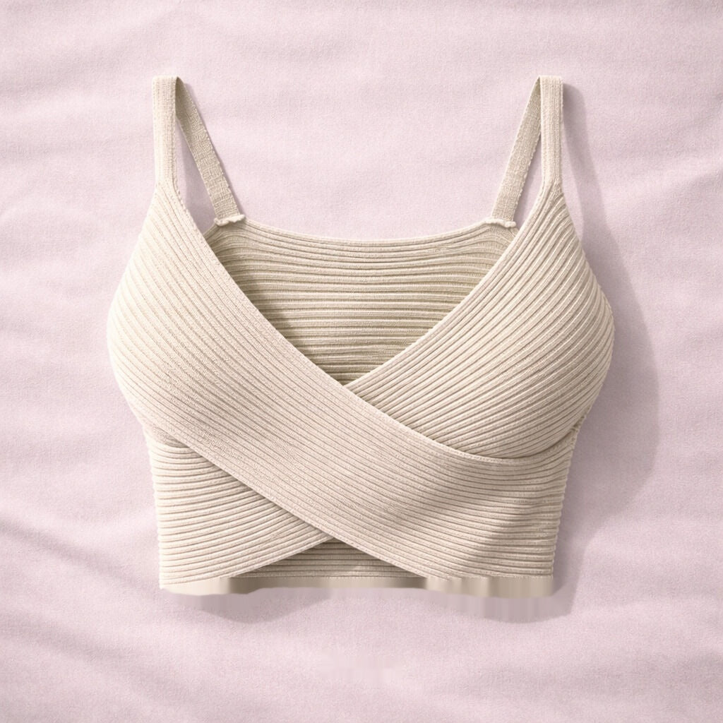 Beige Ribbed Crop Top with Crisscross Design