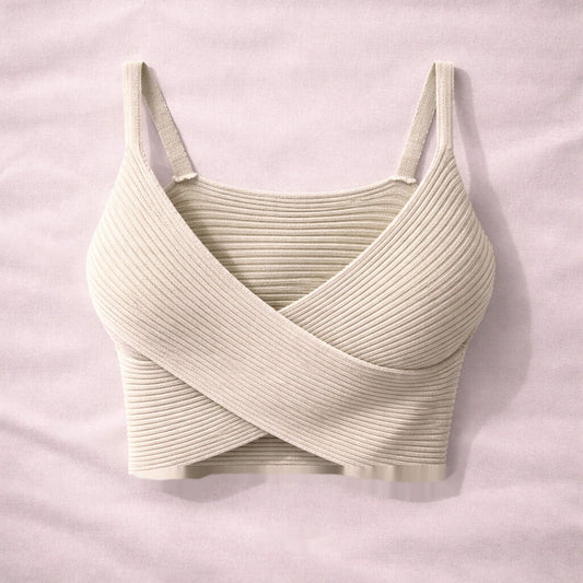 Beige Ribbed Crop Top with Crisscross Design