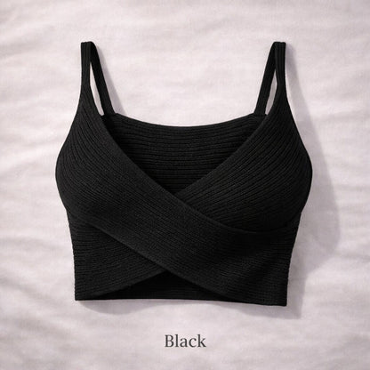 Black Ribbed Crossover Crop Top
