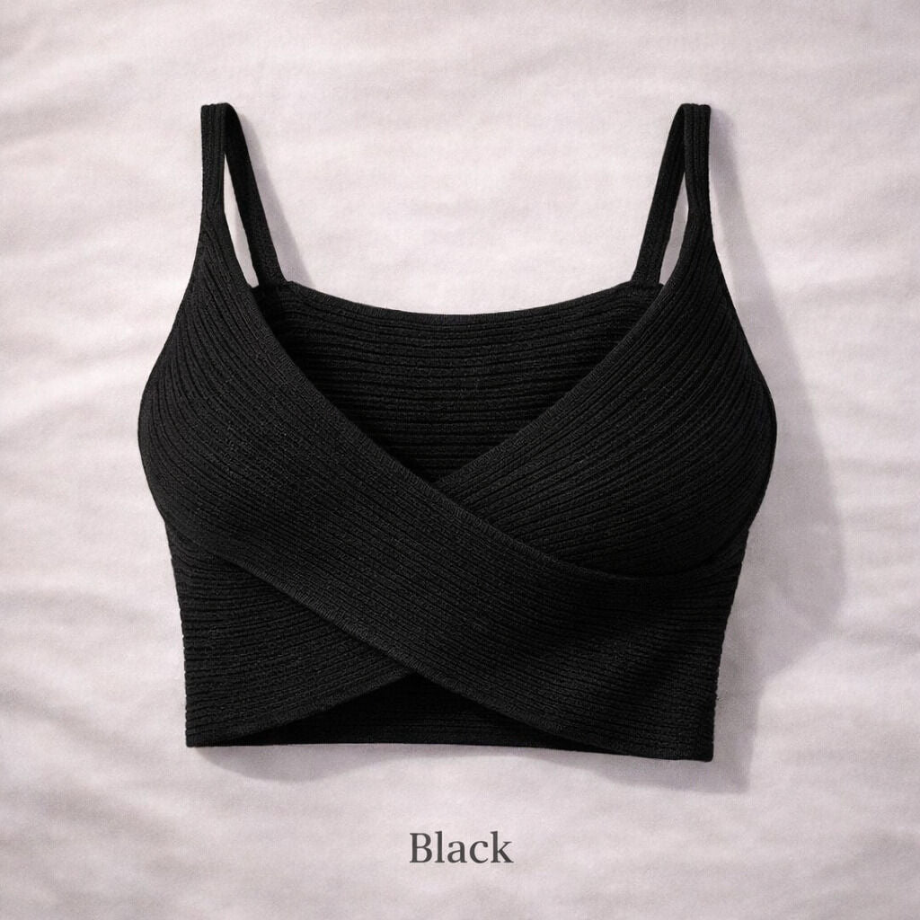 Black Ribbed Crossover Crop Top