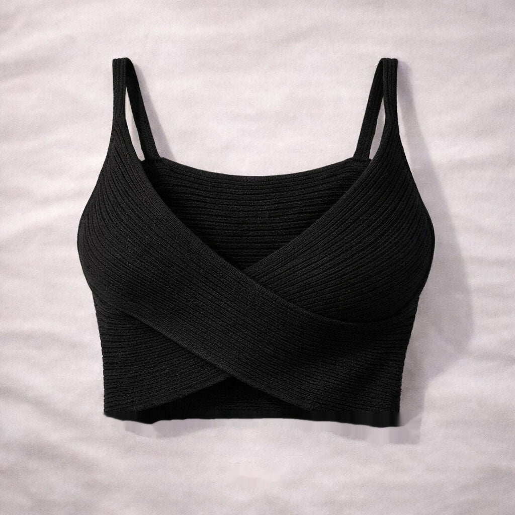 Black Ribbed Crossover Crop Top