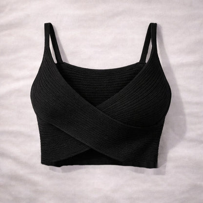 Black Ribbed Crossover Crop Top