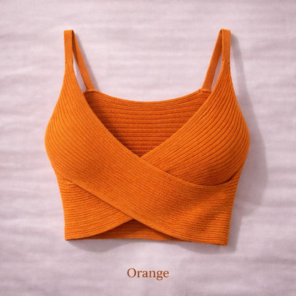 Orange Ribbed Crop Top with Crossover Design
