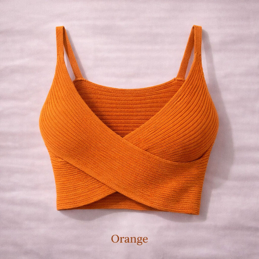 Orange Ribbed Crop Top with Crossover Design
