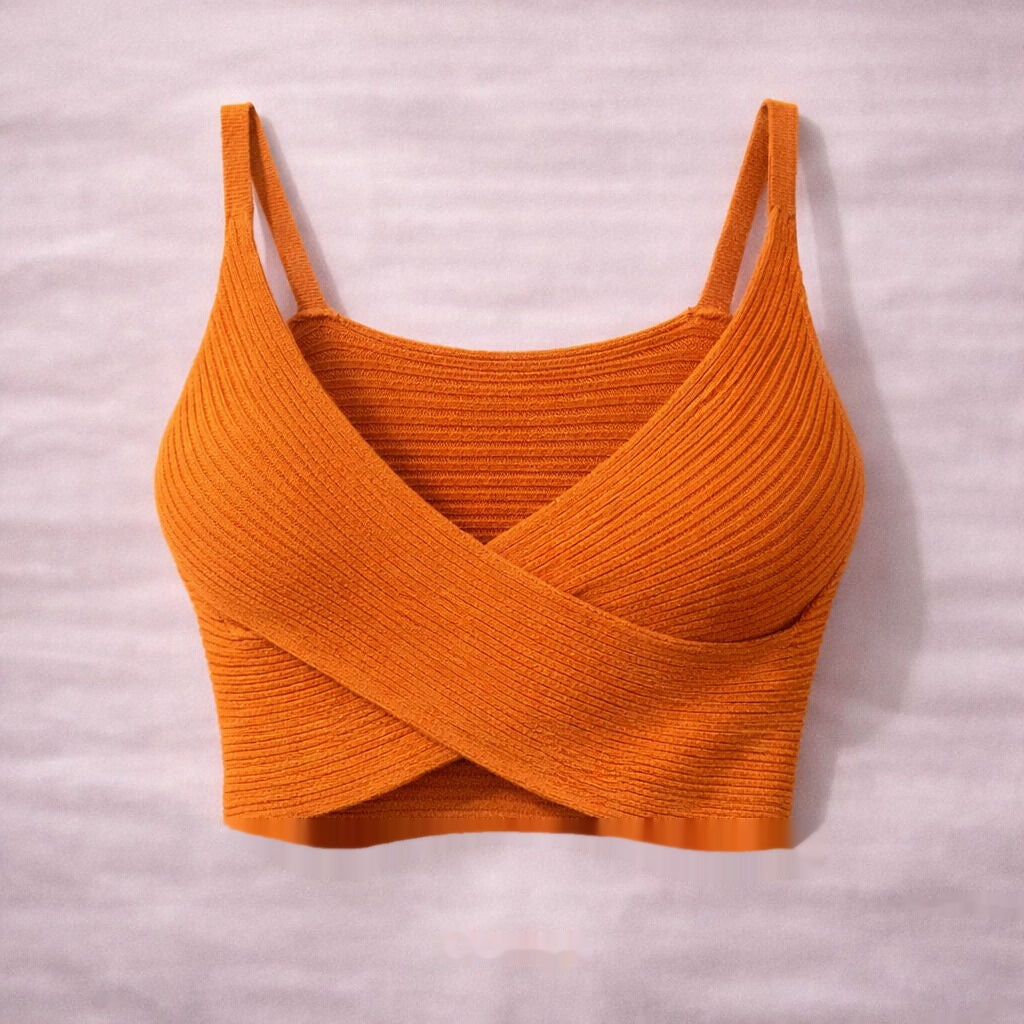 Orange Ribbed Crop Top with Crossover Design