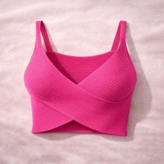 Pink Ribbed Knit Crop Top with Crossover Front