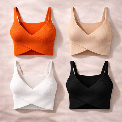 Pink Ribbed Knit Crop Top with Crossover Front