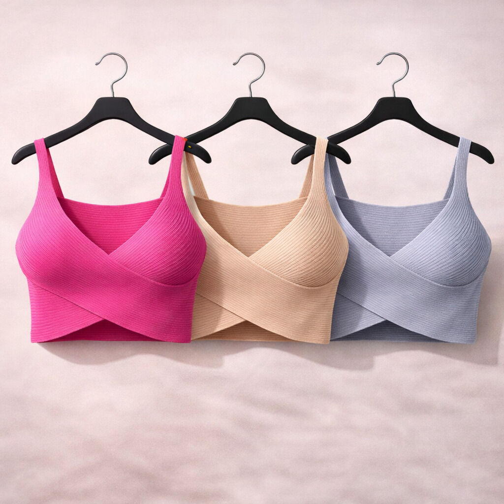 Pink Ribbed Knit Crop Top with Crossover Front