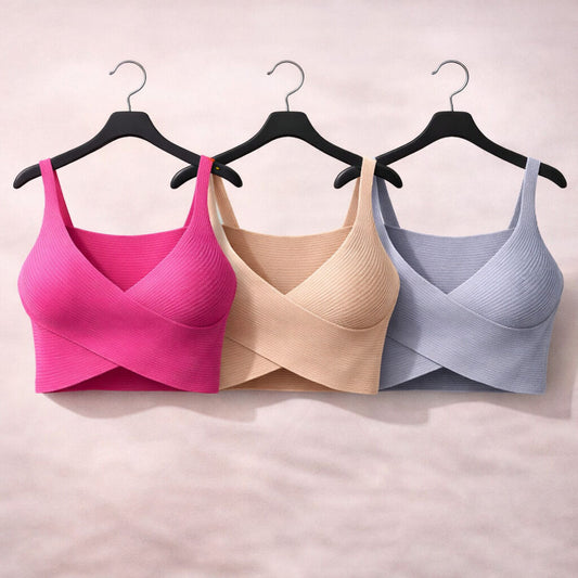 Pink Ribbed Knit Crop Top with Crossover Front
