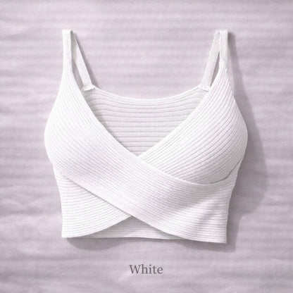 White Ribbed Knit Bralette with Cross Front