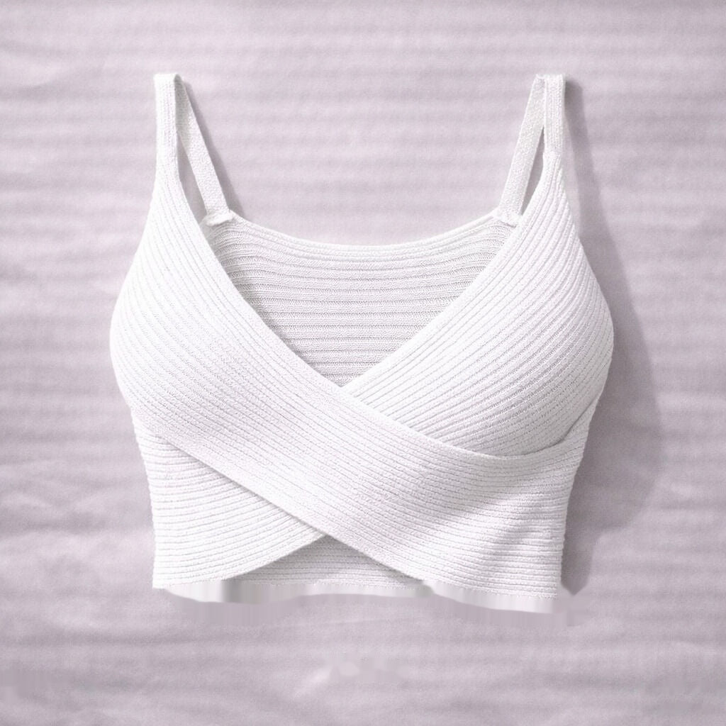 White Ribbed Knit Bralette with Cross Front