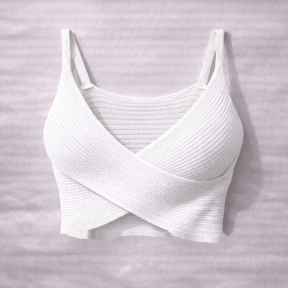 White Ribbed Knit Bralette with Cross Front