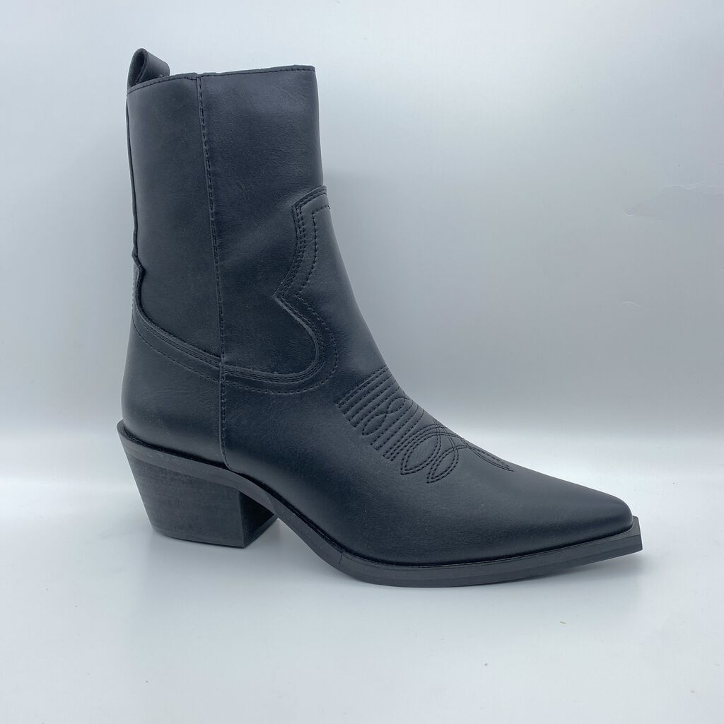 Black Western Style Ankle Boot with Block Heel