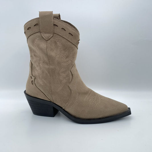 Tan Suede Western Ankle Boot with Low Heel