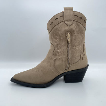 Tan Suede Western Ankle Boot with Low Heel