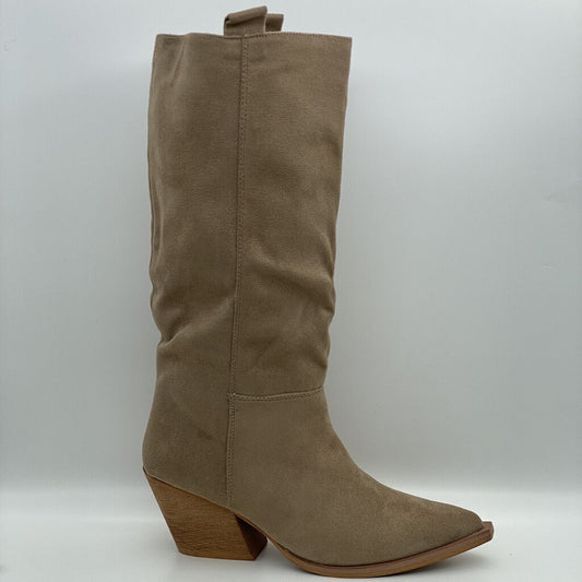Taupe Suede Knee-High Boot with Wooden Heel