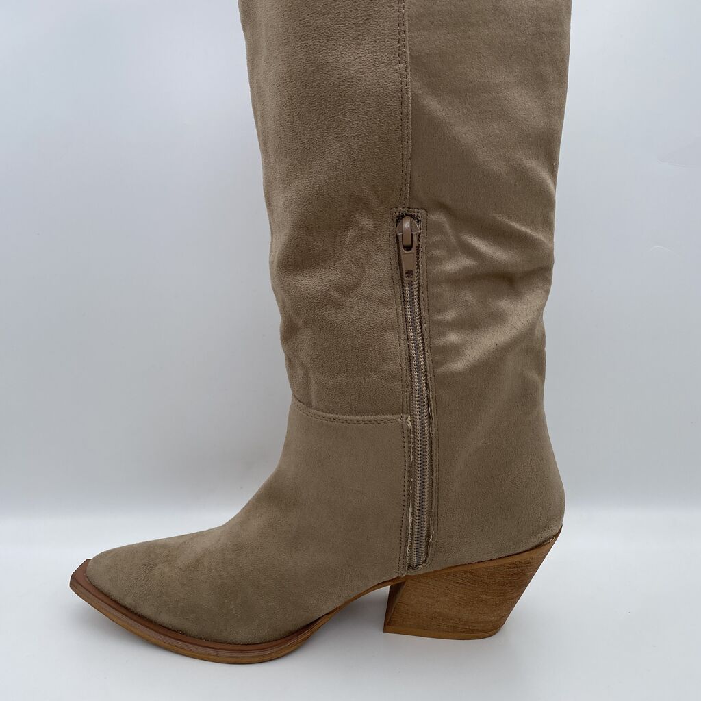 Taupe Suede Knee-High Boot with Wooden Heel