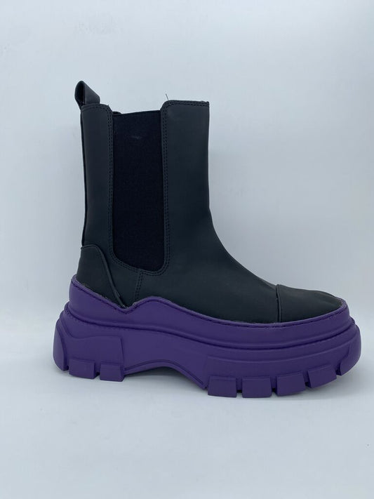 Black Faux Leather Chelsea Boot with Purple Platform Sole