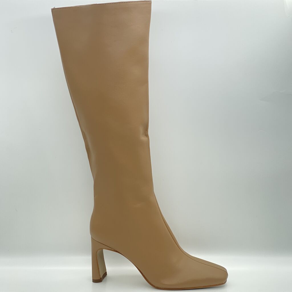 Beige Leather Knee-High Boot with Block Heel
